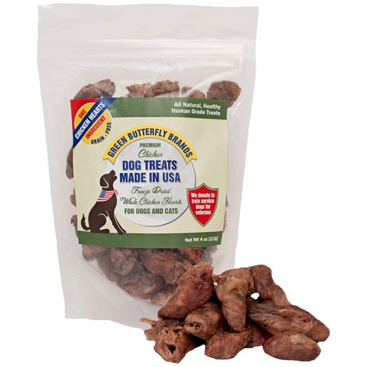 Green Butterfly Brands Freeze Dried Whole Chicken Hearts for Dogs and Cats - One Ingredient Premium Chicken Dog Treats - Made in USA Only All Natural, Grain Free - No Additives or Preservatives 4oz