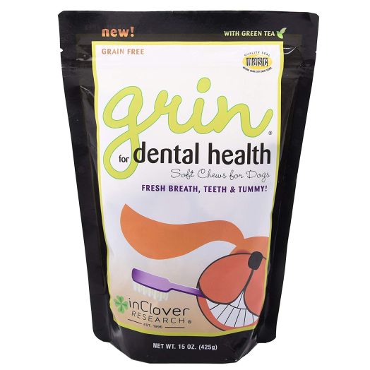 In Clover Grin Daily Dental Care Chews for Dogs, Grain Free Formula for Clean Teeth and Fresh Breath, Scientifically Formulated, Stop Plaque and Tartar with Antibacterials and Prebiotics