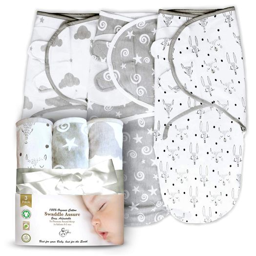 3 Pack Organic Cotton Adjustable Infant Swaddles for Safe and Sound Sleep, Self Fastening, Ages 0-3 Months