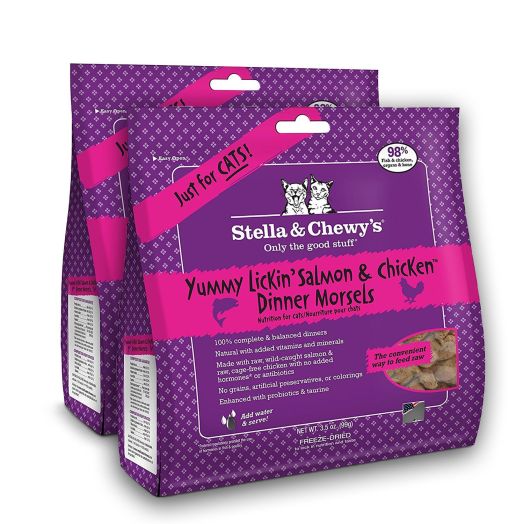 Stella and Chewy Freeze-Dried Raw Yummy Lickin Salmon and Chicken Dinner Morsels Grain-Free Cat Food (2 Packs), 3.5 oz