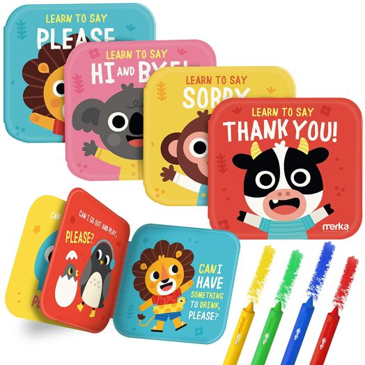 merka Bath Books Learning Set - Includes: 4 Plastic Waterproof Bath Time Baby Books and 4 Bath Crayons