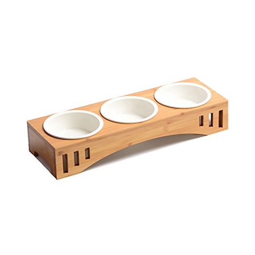 Smith Chu Premium Elevated Pet Bowls, Raised Dog Cat Feeder Solid Bamboo Stand Ceramic Food Feeding Bowl Cats Puppy