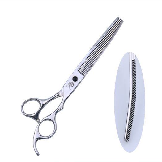 Purple Dragon 7.5 inch Professional Silver Downward Curved Pet Grooming Thinning Scissors - Dog Dense Tooth Blending Shears - Perfect for Pet Groomer or Family DIY Use