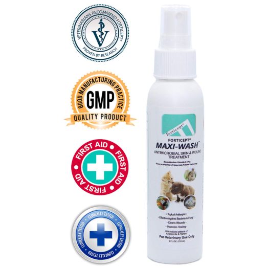 Forticept Maxi-Wash Antimicrobial Wound and Skin Treatment, Cleanser Spray for Hot Spots, Itch, Burns, Pyoderma, Sores for Dogs, Cats, and Other Pets 4 oz.