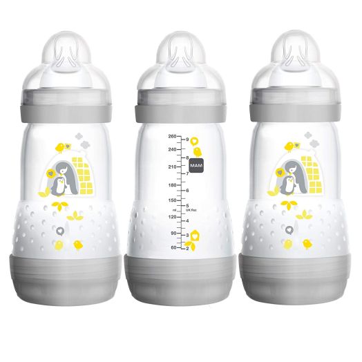 MAM Baby Bottles for Breastfed Babies, MAM Bottles Anti Colic, Gray, Designs May Vary, 9 Ounces, 3-Count