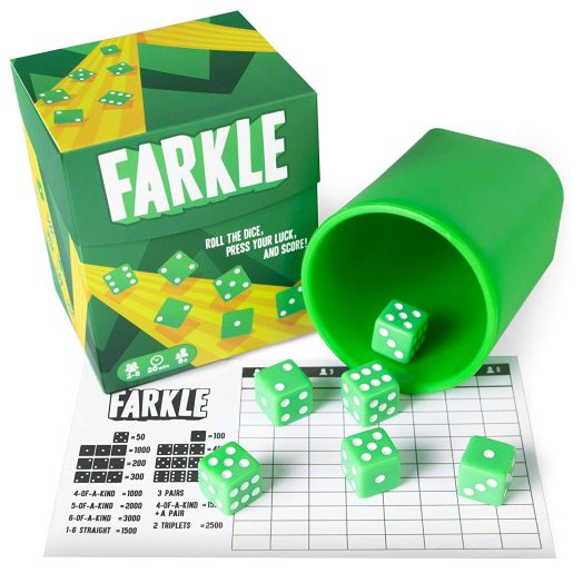 Brybelly Farkle: The Classic Family Dice Game, Set Includes Dice Cup, Set of 6 Green Dice, 25 Scorecards
