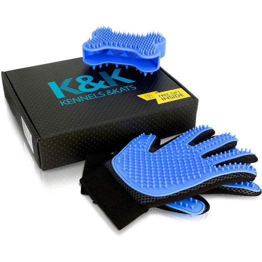 [Premium]KandK Pet Grooming Glove Gift Set. Deshedding Glove for Easy, Mess-Free Grooming of Pets with Long/Short/Curly fur. 1 Pair Gentle,Pet Hair Remover Mitt+FREE Bath Brush and Storage Bag