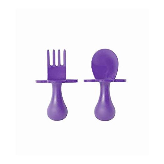 grabease First Self Feeding Utensil Set of Spoon and Fork for Toddler and Baby. BPA Free. to-go Pouch. (Dark Purple)