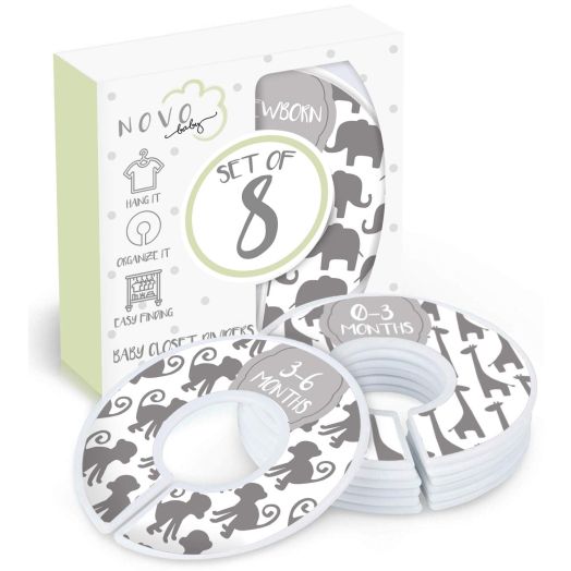 Baby Closet Size Dividers | Set of 8 | Unisex Animals Grey Design for Nursery Clothes Organization Sized from Newborn, 1-24 Months to Toddler | Perfect for Girl or Boy