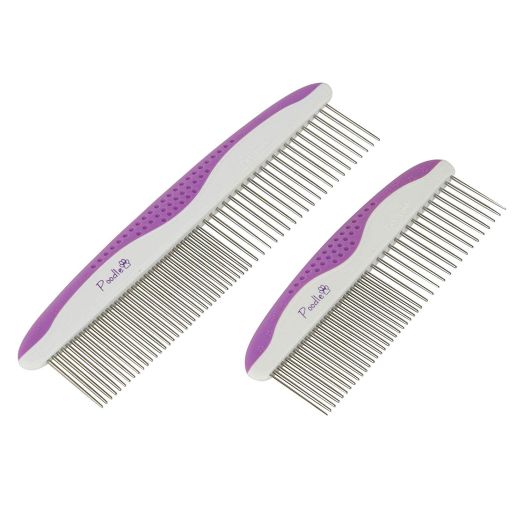 Poodle Pet Dog Combs for Grooming | 2 Pack | Stainless Steel Teeth Easily Remove Dirt | Proper Care Prevents Knots and Mats for Long and Short Haired Pets |Anti-Slip Comfort Grip Handle| Purple