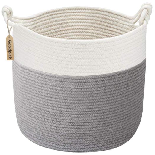 Goodpick Cotton Rope Basket with Handle for Baby Laundry Basket Toy Storage Blanket Storage Nursery Basket Soft Storage Bins-Natural Woven Basket, 15'' 15'' 14.2''