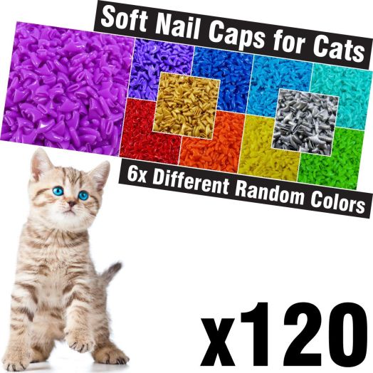 120 pcs Soft Cat Claw Caps for Cats Nail Claws 6X Different Random Colors + 6X Adhesive Glue + 6X Applicator, Pet Cap Tips Cover Paws Grooming Soft Covers