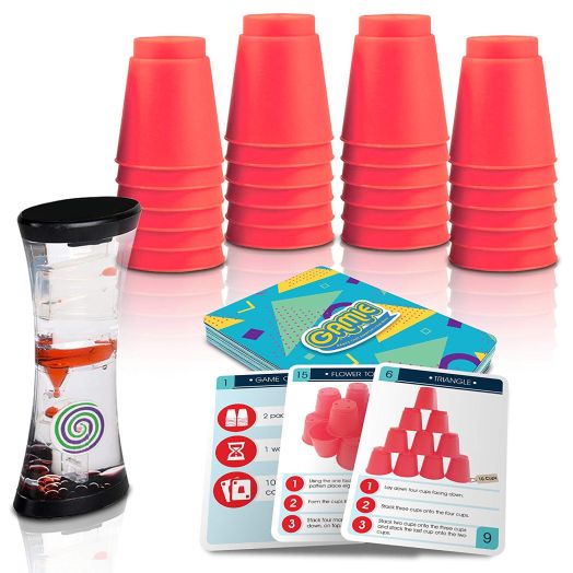 Gamie Stacking Cups Game w/ 18 Fun Challenges and Water Timer, 24 Stacking Cups, Sturdy Plastic