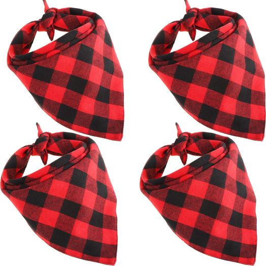 Bememo 4 Pieces Dog Scarf Pet Bandanas Triangle Pet Saliva Towel Red Black Plaid Kerchief for Pet Supplies