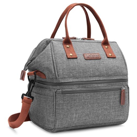 Lokass Lunch Bags for Women Wide Open Insulated Lunch Box With Double Deck Large Capacity Cooler Tote Bag With Removable Shoulder Strap Leak-Proof Lunch Organizer For Men/Girls/Outdoor/Work(Grey)