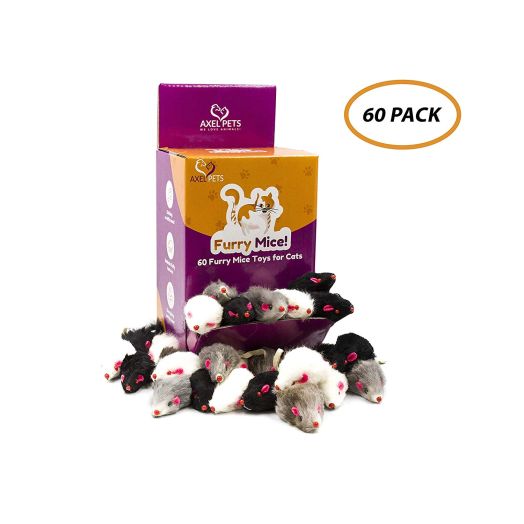 AXEL PETS 60 Furry Mice with Catnip and Rattle Sound Made of Real Rabbit Fur Interactive Catch Play Mouse Toy for Cat, Box of 60 Mice