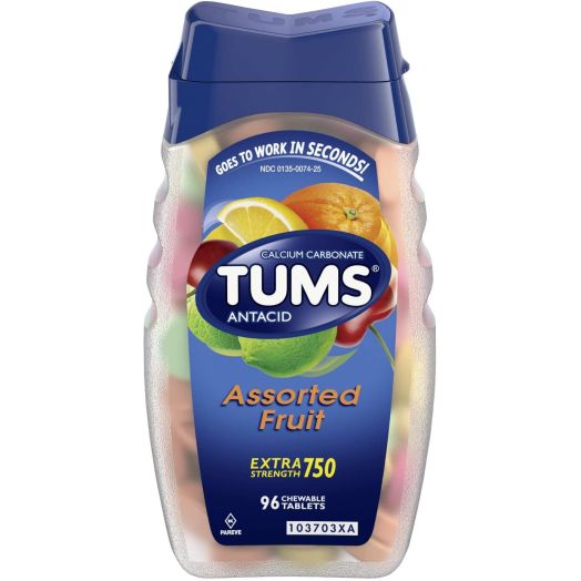 TUMS Antacid Chewable Tablets for Heartburn Relief, Extra Strength, Assorted Fruit, 96 Tablets