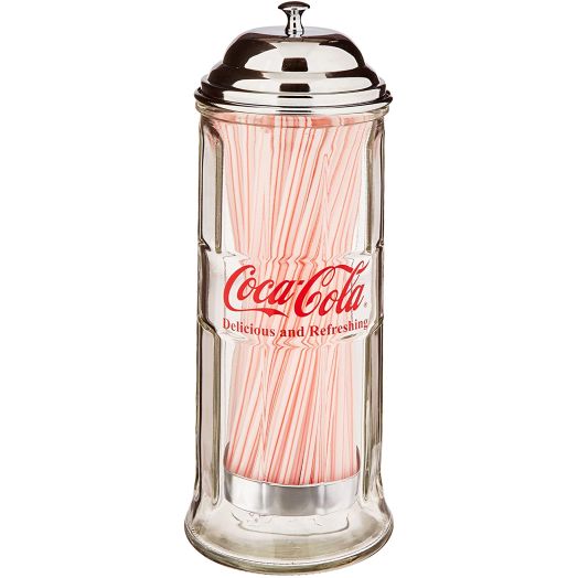 TableCraft's CC322 Coca-Cola Glass Straw Dispenser with Metal Lid