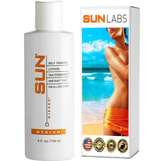 Sun Laboratories Tan Overnight Self Tanning Lotion 4 fl oz.Self Tanner - Natural Sunless Tanning Lotion, Body, Legs and Face for Bronzing and Golden Tan - Medium Sunless Bronzer (Package May Vary)