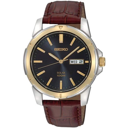 Seiko Men's SNE102 Stainless Steel Solar Watch with Brown Leather Strap, Multicolor dial