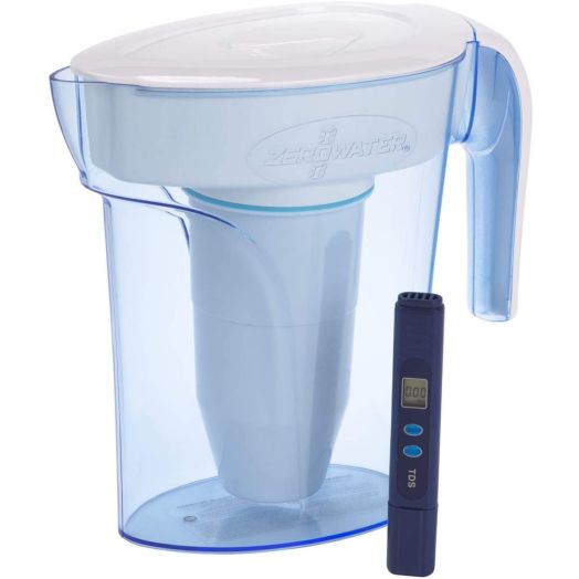 ZeroWater ZP-006-4, 6 Cup Water Filter Pitcher with Water Quality Meter,White and Blue