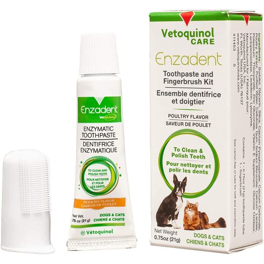 Vetoquinol Enzadent Enzymatic Toothpaste Kit + Fingerbrush for Cats and Dogs .75oz, Poultry Flavor Oral Dental Care Kit: Removes Plaque, Polishes Teeth and Freshens Breath