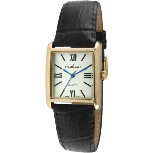 Peugeot Women's 14K Gold Plated Tank Leather Dress Watch with Roman Numerals Dial