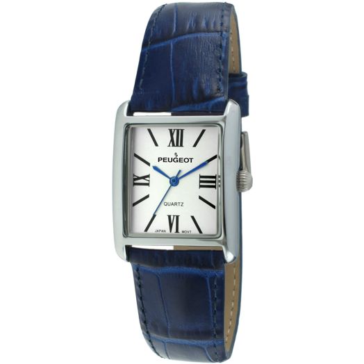 Peugeot Women's Silver-Tone Tank Shape Leather Dress Watch with Roman Numerals