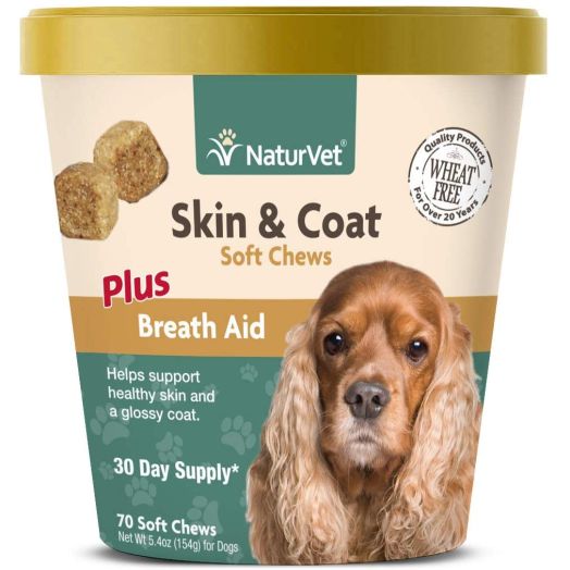 NaturVet  Skin and Coat Plus Breath Aid for Dogs  70 Soft Chews  Supports Healthy Skin and Glossy Coat  Enhanced with Omega-3, Omega-6 and Biotin  30 Day Supply