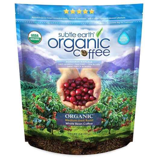 2LB Subtle Earth Organic Coffee - Medium-Dark Roast - Whole Bean - Organic Arabica Coffee - (2 lb) Bag