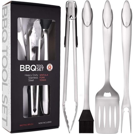 Alpha Grillers Heavy Duty BBQ Grilling Tools Set. Extra Thick Stainless Steel Spatula, Fork, Basting Brush and Tongs. Gift Box Package. Best for Barbecue and Grill. 18 Inch Utensils Turner Accessories