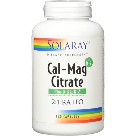 Solaray Cal-Mag Citrate 2:1 with D-3 and K-2 Capsules, 180 Count
