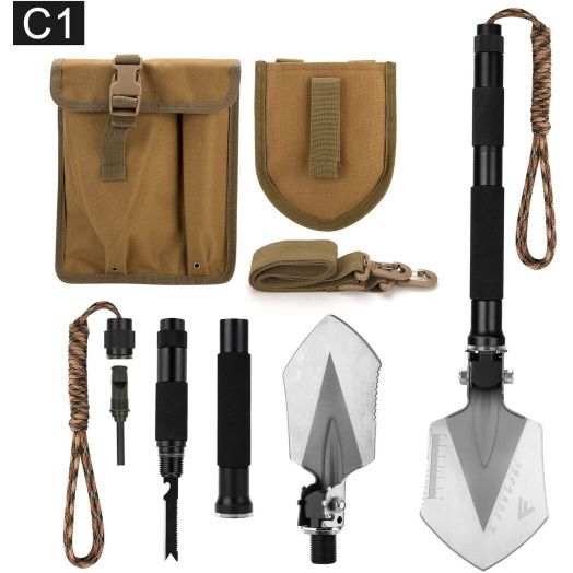 FiveJoy Military Folding Shovel Multitool (C1) - Portable Foldable Survival Tool - Entrenching Backpack Equipment for Hiking Camping Emergency Car - Bushcraft Gear: Shovels and Accessories Tools Kit
