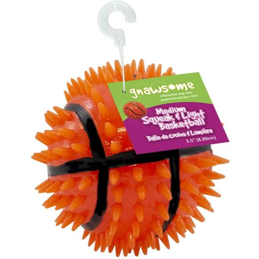 Gnawsome 3.5 Squeak and Light Basketball Dog Toy - Medium, Cleans Teeth and Promotes Dental and Gum Health for Your Pet, Colors Will Vary