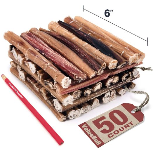 ValueBull Bully Sticks for Dogs, Medium 6 Inch, 50 Count - All Natural Dog Treats, 100% Beef Pizzle, Single Ingredient Rawhide Alternative, Grass Fed, Fully Digestible