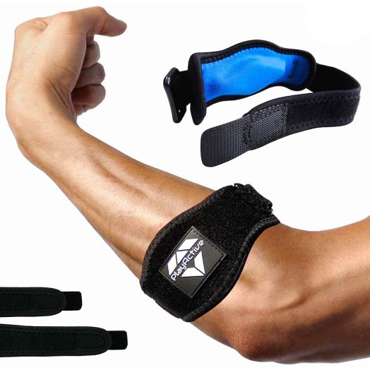 Tennis Elbow Brace (2+2 Pack) for Tendonitis - Best Tennis and Golfer's Elbow Strap Band with Compression Pad - Relieves Forearm Pain - Includes Two Elbow Support Braces, Two Extra Straps and E-Guide
