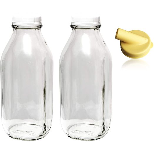 The Dairy Shoppe 1 Qt Glass Milk Bottle Vintage Style with Cap and NEW Pour Spout! (2 Pack)