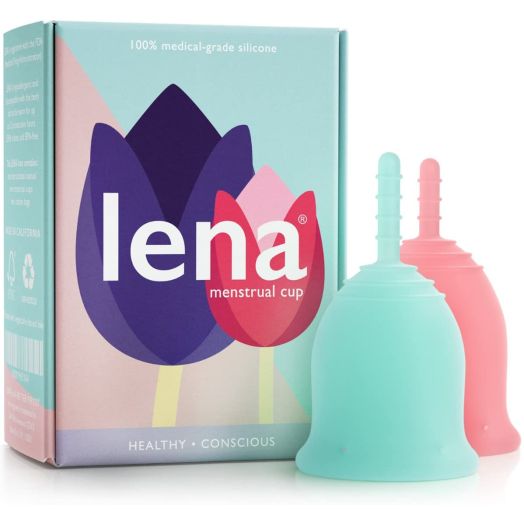 Lena Menstrual Cups - 2-Pack - Reusable Period Cups - Tampon and Pad Alternative - Regular and Heavy Flow - Small and Large - Pink and Turquoise