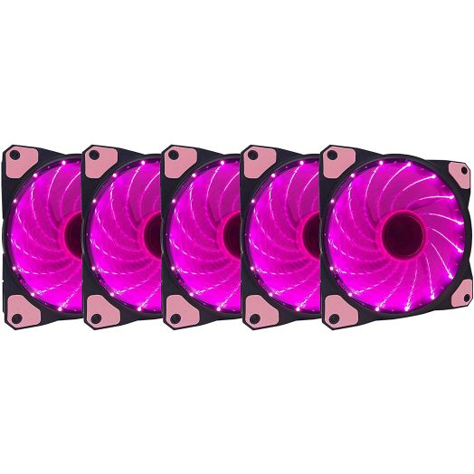 APEVIA AF512L-SPK 120mm Pink LED Ultra Silent Case Fan w/ 15 LEDs and Anti-Vibration Rubber Pads (5-pk)