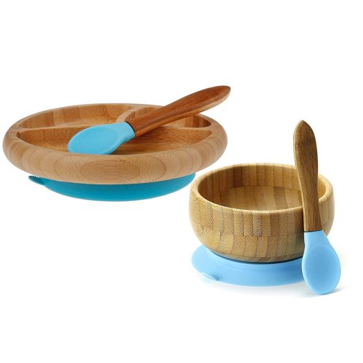 Maven Gifts: Avanchy Baby Feeding Gift Set Bamboo Stay Put Suction Bowl with Spoon, Blue, and Bamboo Stay Put Suction 3-Section Plate with Spoon, Blue Ages 6 Months and Up