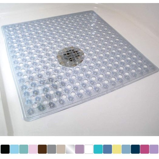 Gorilla Grip Original Patented Bath, Shower, Tub Mat, 21x21, Machine Washable, Antibacterial, BPA, Latex, Phthalate Free, Square Bathroom Mats with Drain Holes, Suction Cups, Clear