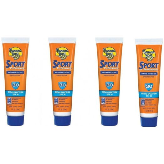 Banana Boat Sunscreen Sport Performance Broad Spectrum Sun Care Sunscreen Lotion - SPF 30 1 Oz Travel Size (Pack of 4)
