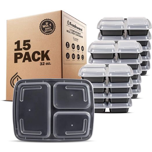 Freshware Meal Prep Containers [15 Pack] 3 Compartment with Lids, Food Containers, Lunch Box | BPA Free | Stackable | Bento Box, Microwave/Dishwasher/Freezer Safe, Portion Control, 21 day fix (32 oz)