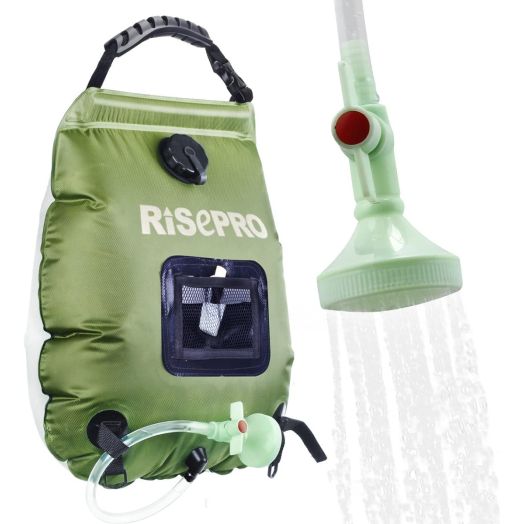 RISEPRO Solar Shower Bag, 5 gallons/20L Solar Heating Premium Camping Shower Bag Hot Water with Temperature 45C Removable Hose on/Off Switchable Shower Head Hiking Climbing Summer Shower K8