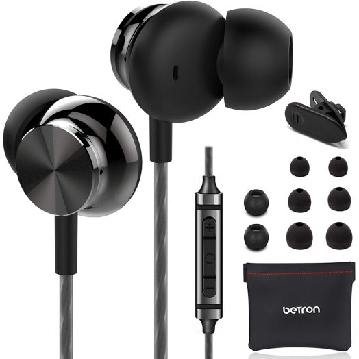 Betron BS10 Noise Isolating Earphones, in Ear Headphones with Microphone and Volume Control, Powerful Bass Sound Includes 3 Different Sized Pairs of Ergonomic Earbuds and Carry Bag, Black