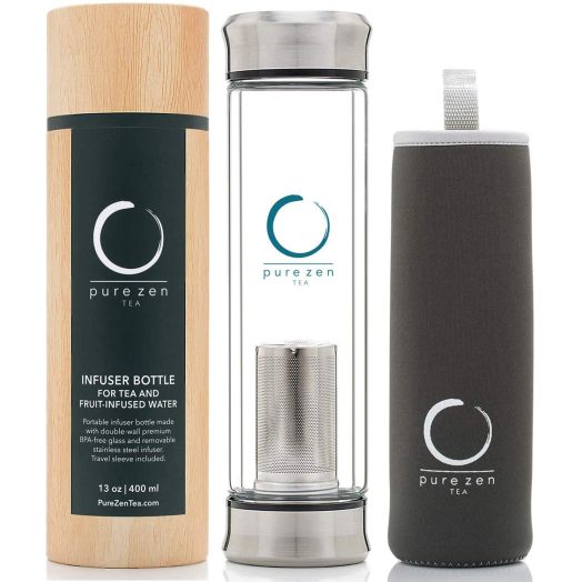 Pure Zen Tea Tumbler with Infuser - BPA Free Double Wall Glass Travel Tea Mug with Stainless Steel Filter - Leakproof Tea Bottle with Strainer for Loose Leaf Tea and Fruit Water 13 Ounce