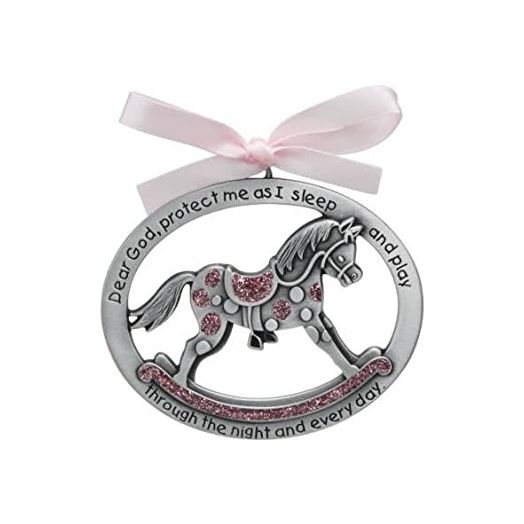 Sweet ROCKING HORSE Crib Medal for Baby GIRL with PRAYER Verse PEWTER Finish - CHRISTENING/SHOWER GIFT - Baptism KEEPSAKE w/PINK RIBBON - INFANT - Newborn (Original Version)