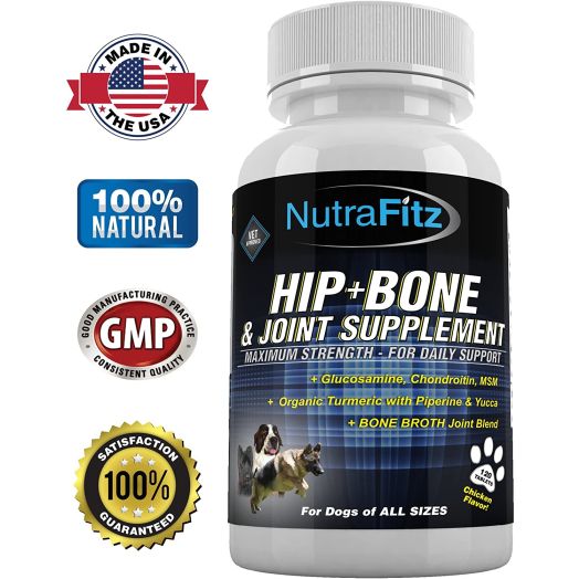 NutraFitz Hip Bone and Joint Supplement for Dogs -Glucosamine Chondroitin for Dogs, MSM, Organic Turmeric - Hip Dysplasia, ACLs - Best Dog Joint Supplement for Joint Support - 120 Tablets