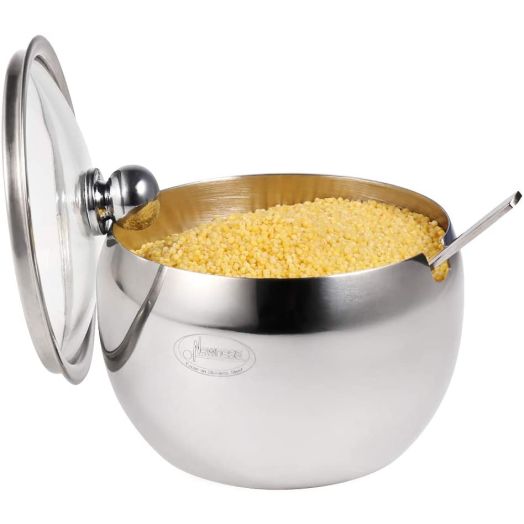 Newness Stainless Steel Sugar Bowl with Clear Lid(for better recognition) and Sugar Spoon for Home and Kitchen, Drum Shape, 8.1 Ounces(240 Milliliter)