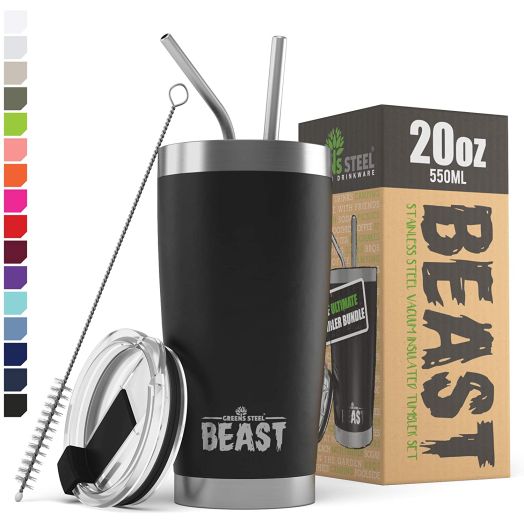 Greens Steel Beast 20oz Tumbler Insulated Stainless Steel Coffee Cup with Lid, 2 Straws, Brush and Gift Box (20 oz, Matte Black)